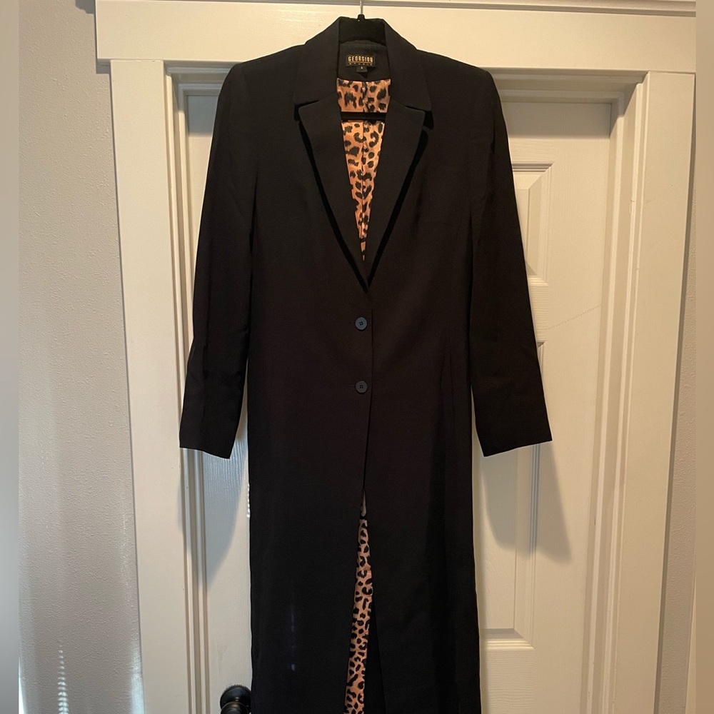 VTG Georgiou Studio Black and cheetah print Wool Blend Long Dress Coat Y2K
